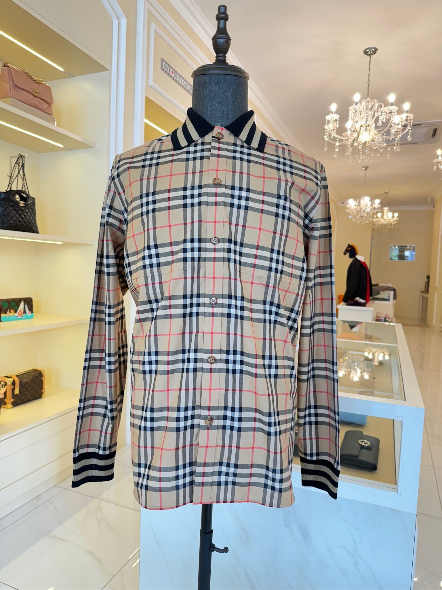 Burberry Men's Long Sleeve Checkered Shirt with Knit Collar – One