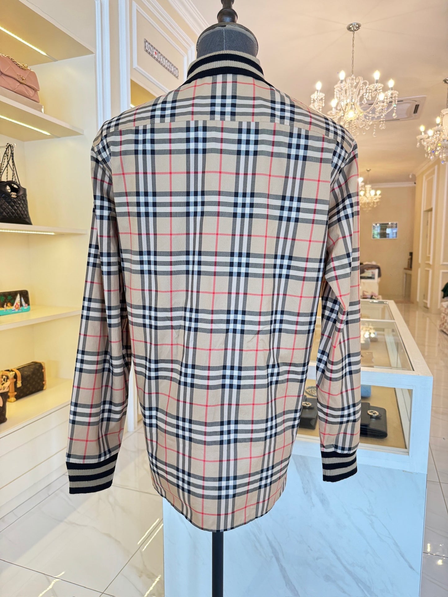 Burberry Men's Long Sleeve Checkered Shirt with Knit Collar