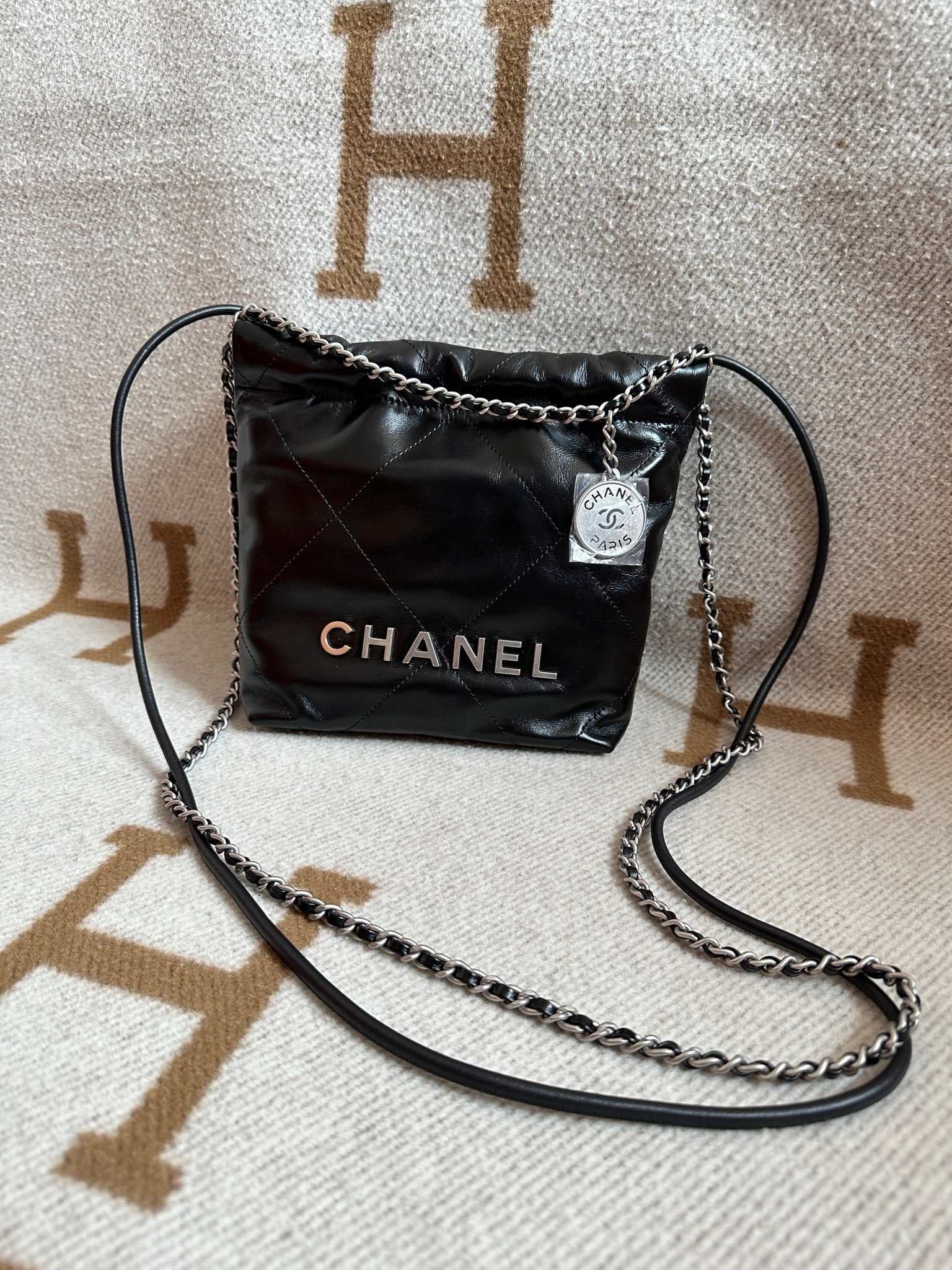 Chanel Medium 22 Bag Black Calfskin Aged Gold Hardware