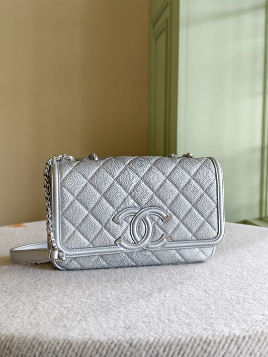 Chanel Small Quilted Metallic Caviar CC Filigree Flap