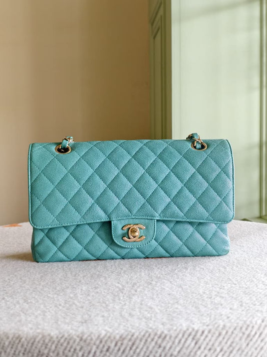 Chanel Medium Turquoise Quilted Caviar Classic Double Flap Bag