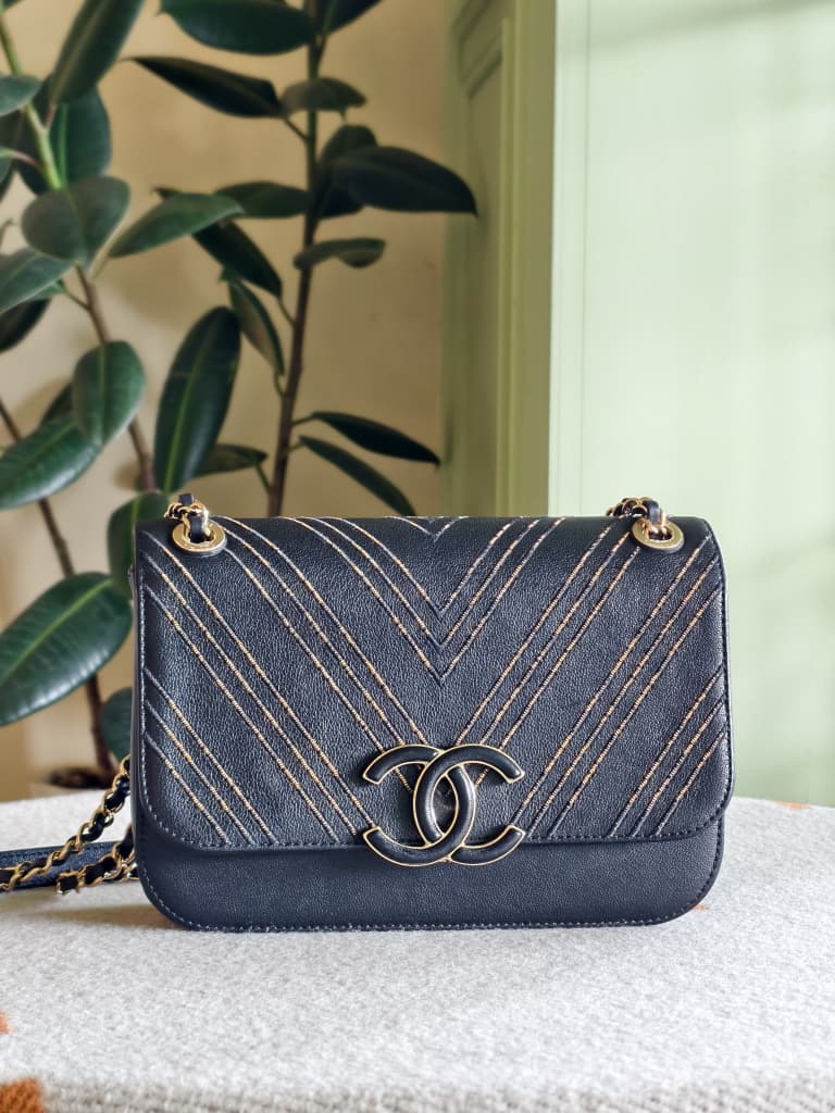 Chanel Black/Gold Chevron Leather Flap Bag
