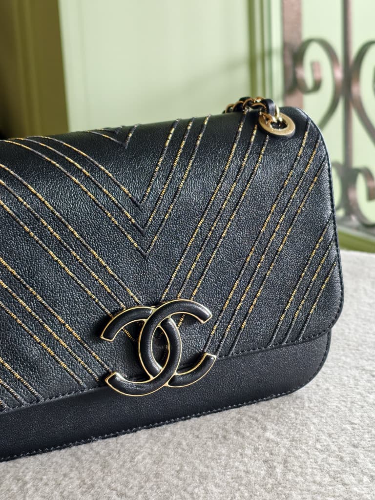 Chanel Black/Gold Chevron Leather Flap Bag