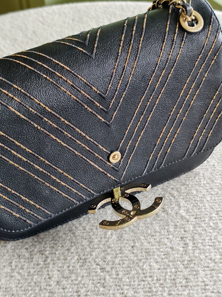 Chanel Black/Gold Chevron Leather Flap Bag