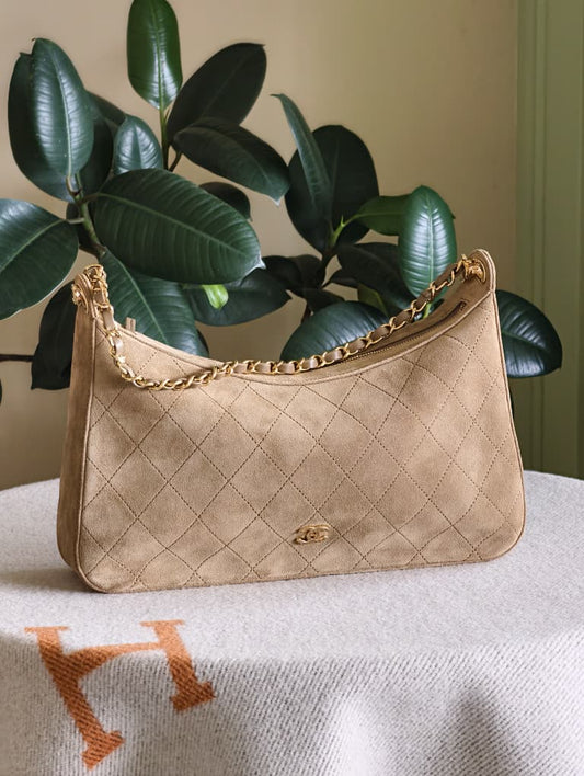 Chanel Large Hobo Suede Beige Bag