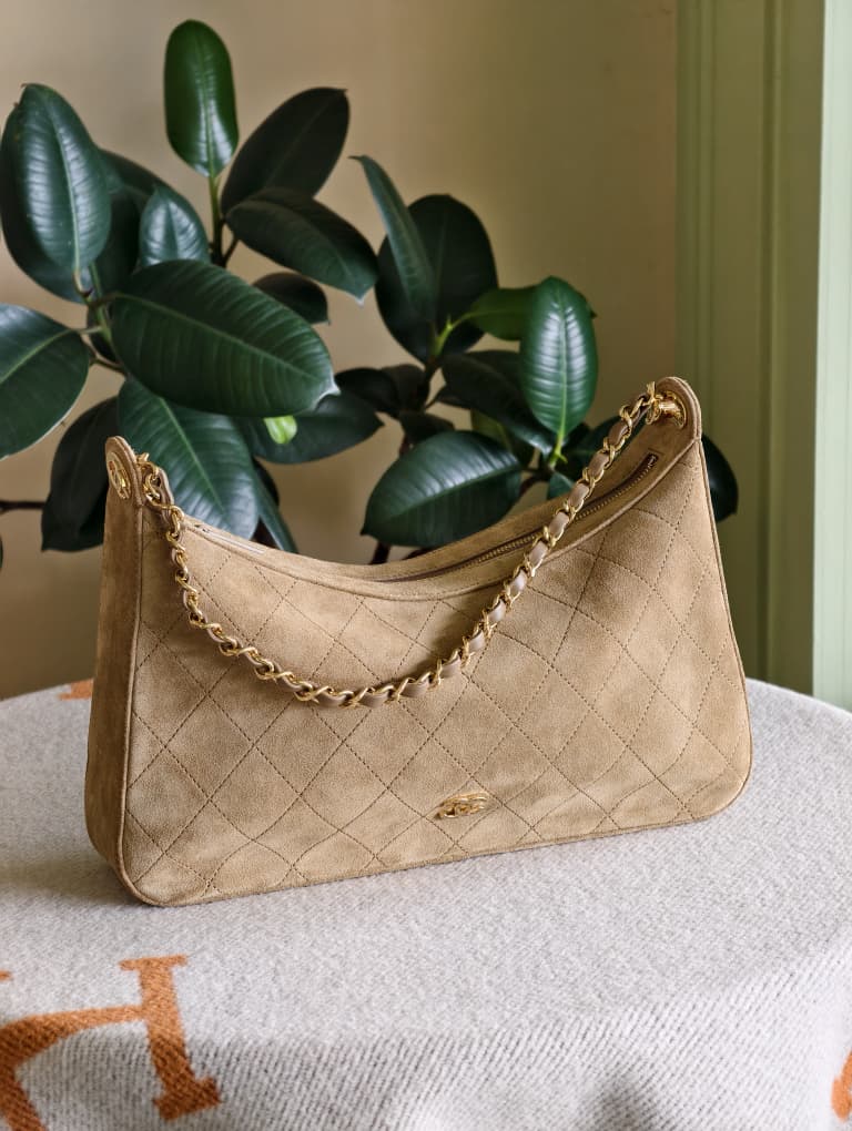Chanel Large Hobo Suede Beige Bag